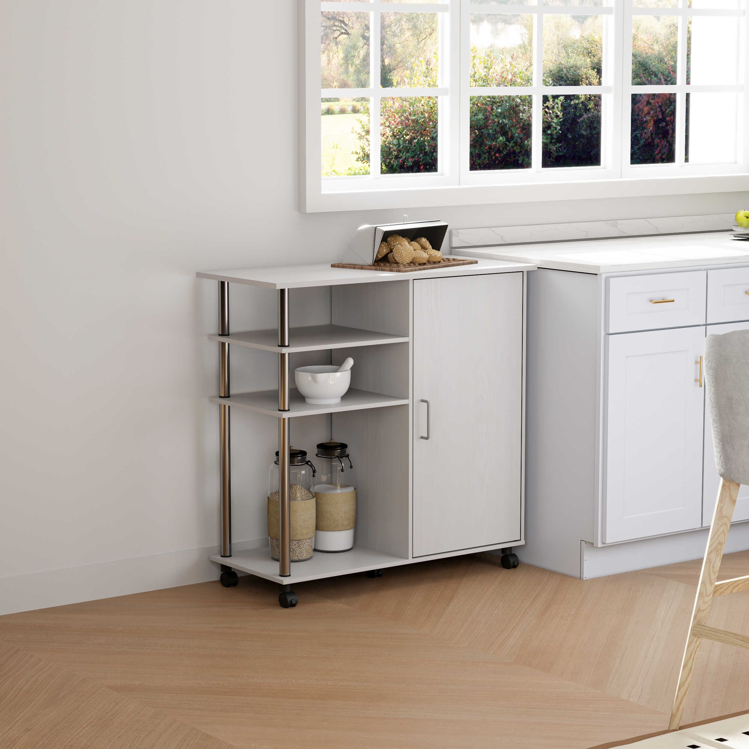 Helena Utility Kitchen Island and Storage Cart on Wheels with Stainless Steel Tubes, White Oak/Stainless Steel