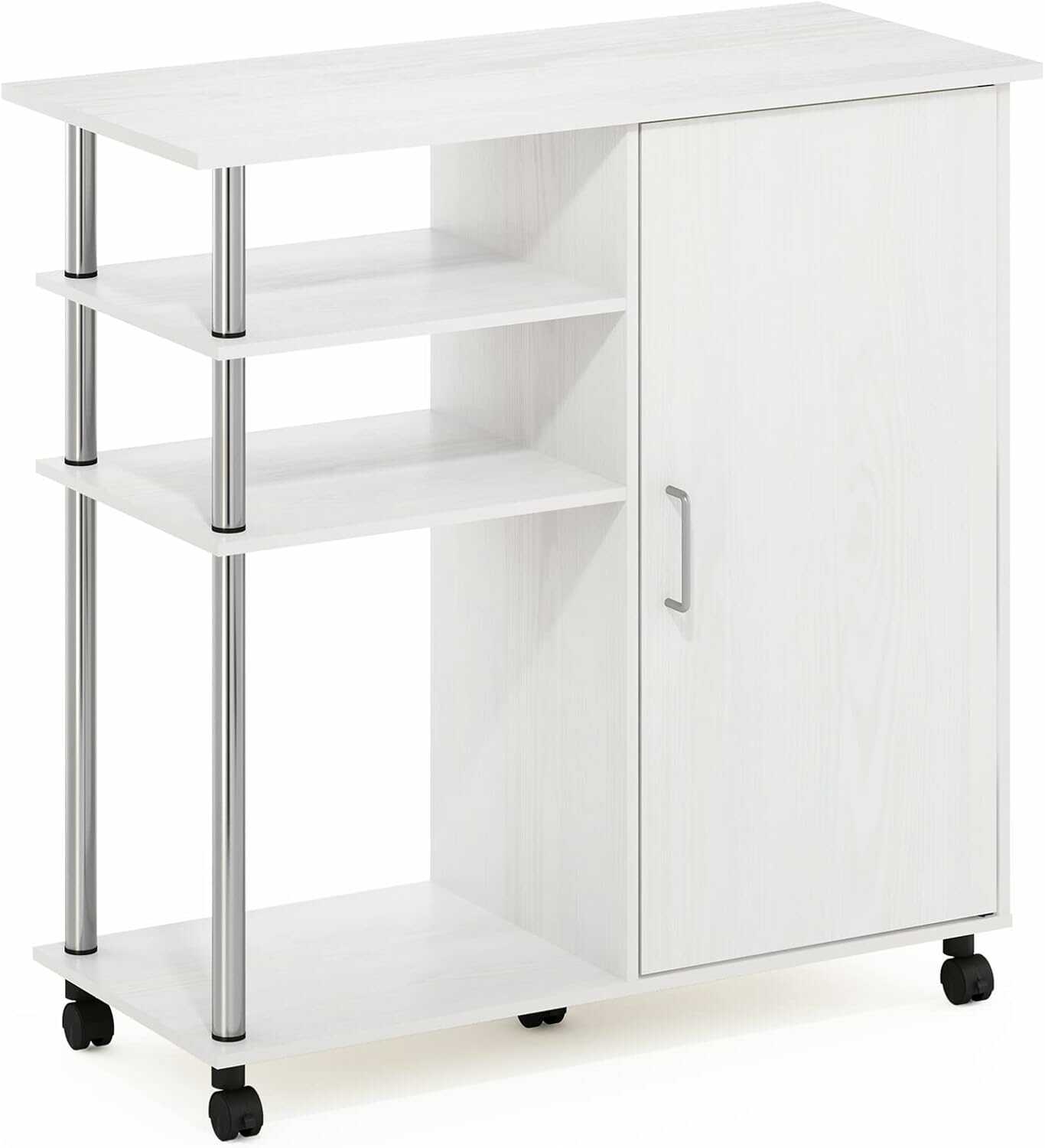 Helena Utility Kitchen Island and Storage Cart on Wheels with Stainless Steel Tubes, White Oak/Stainless Steel