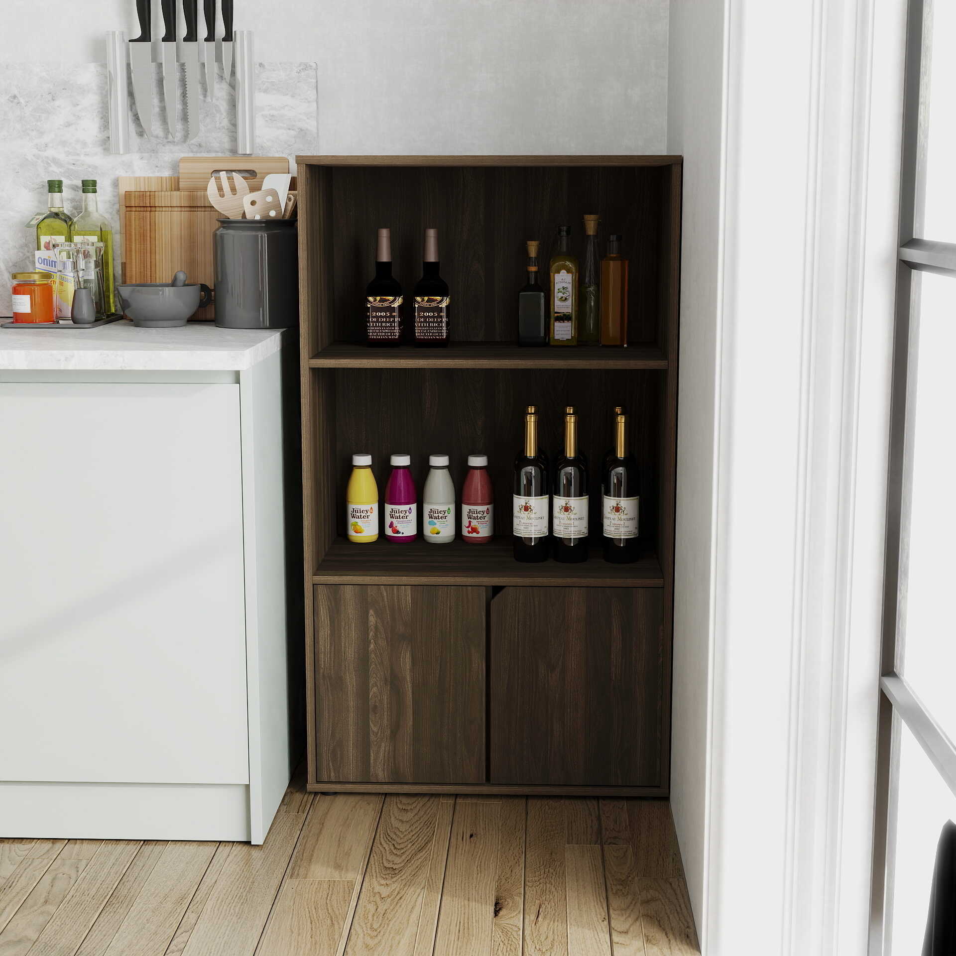 JAYA Kitchen Storage Shelf with Cabinet, Columbia Walnut